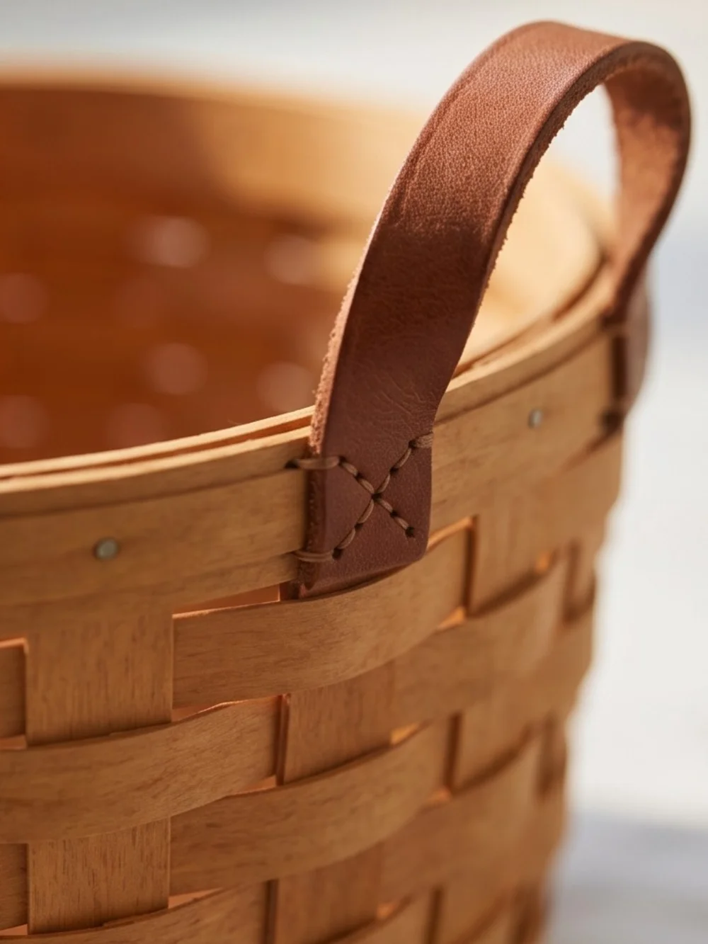 Longaberger Natural Wood Basket with Brown Leather Handles Circa 99', 93'